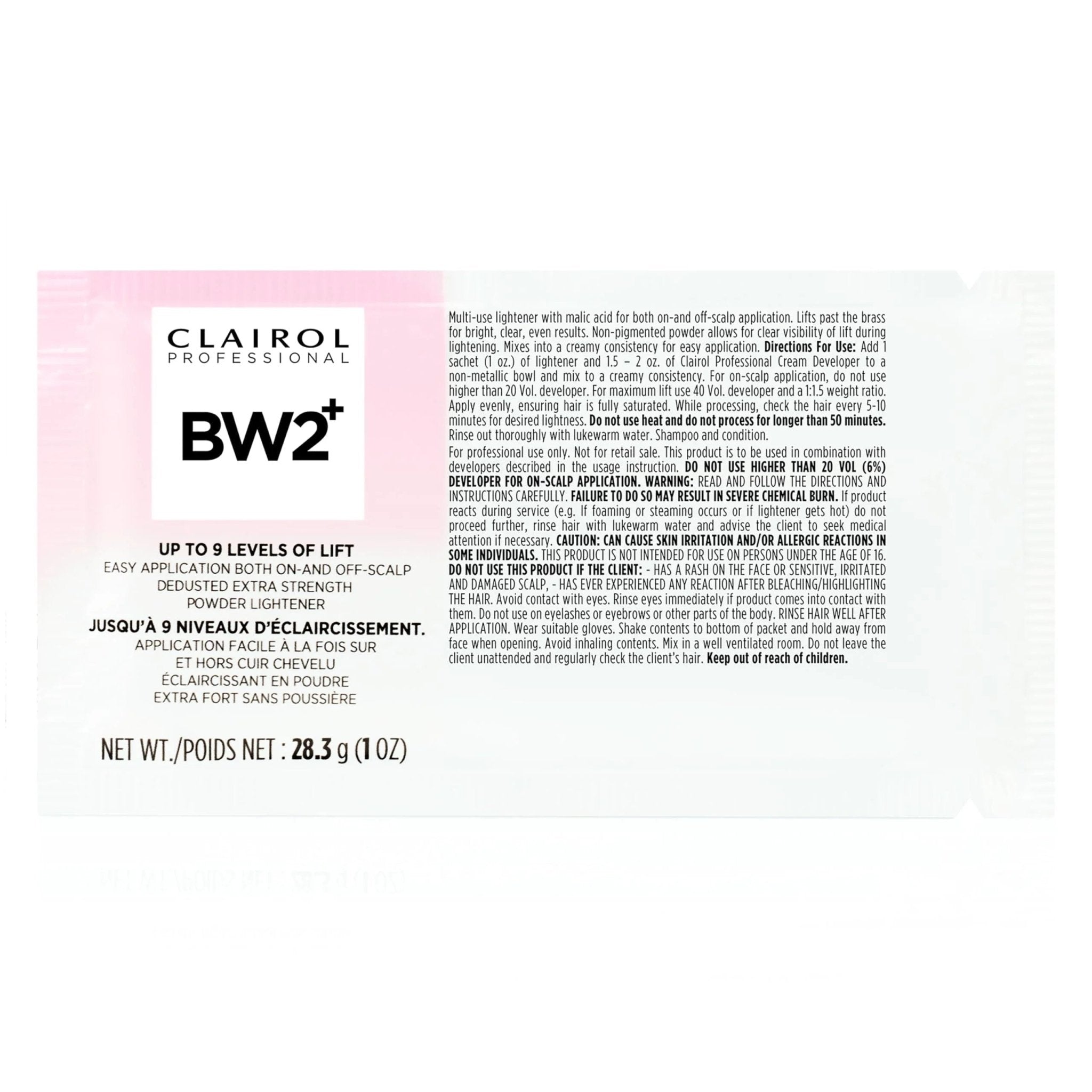 Clairol Professional BW2+ Dedusted Extra Strength Powder Lightener packet in white and pink packaging