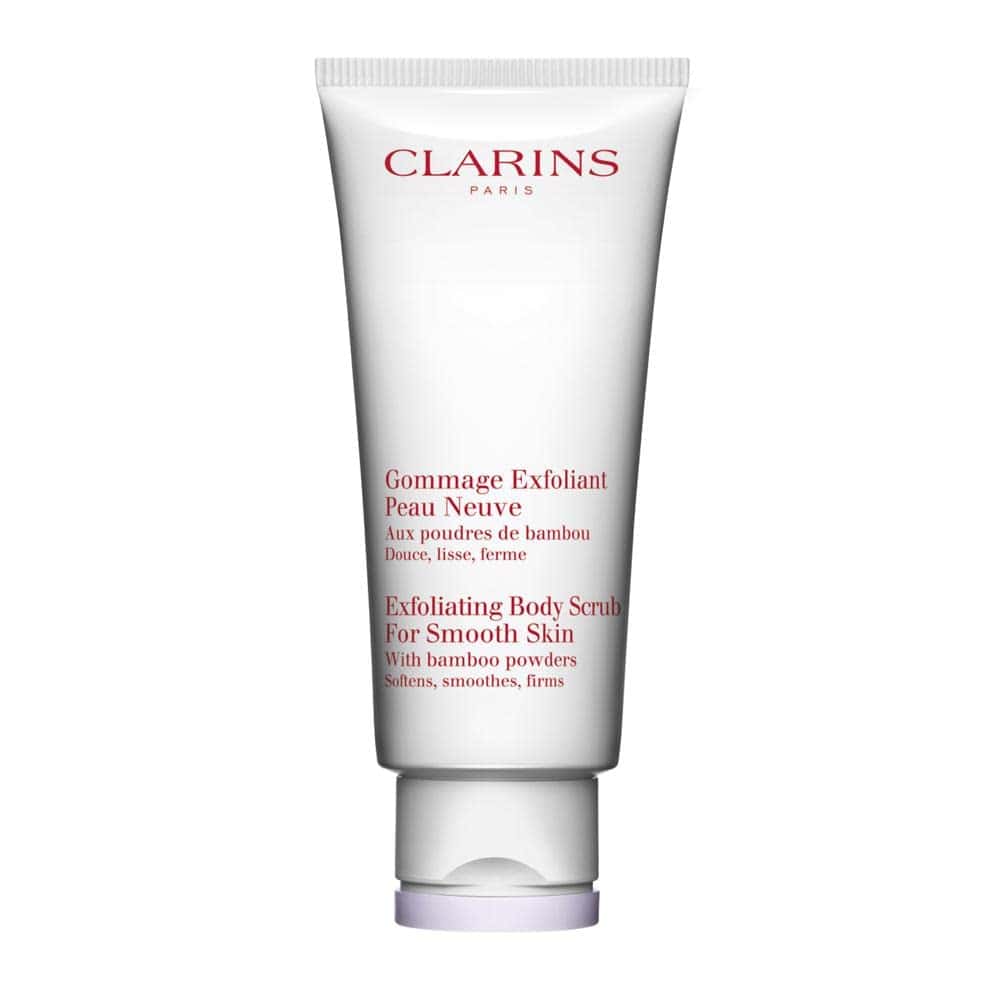 Clarins Exfoliating Body Scrub in a white and red tube, 6.9 OZ.