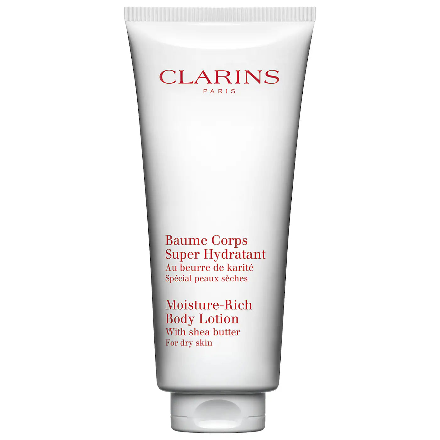 Clarins Moisture-Rich Body Lotion with shea butter in white and red packaging.