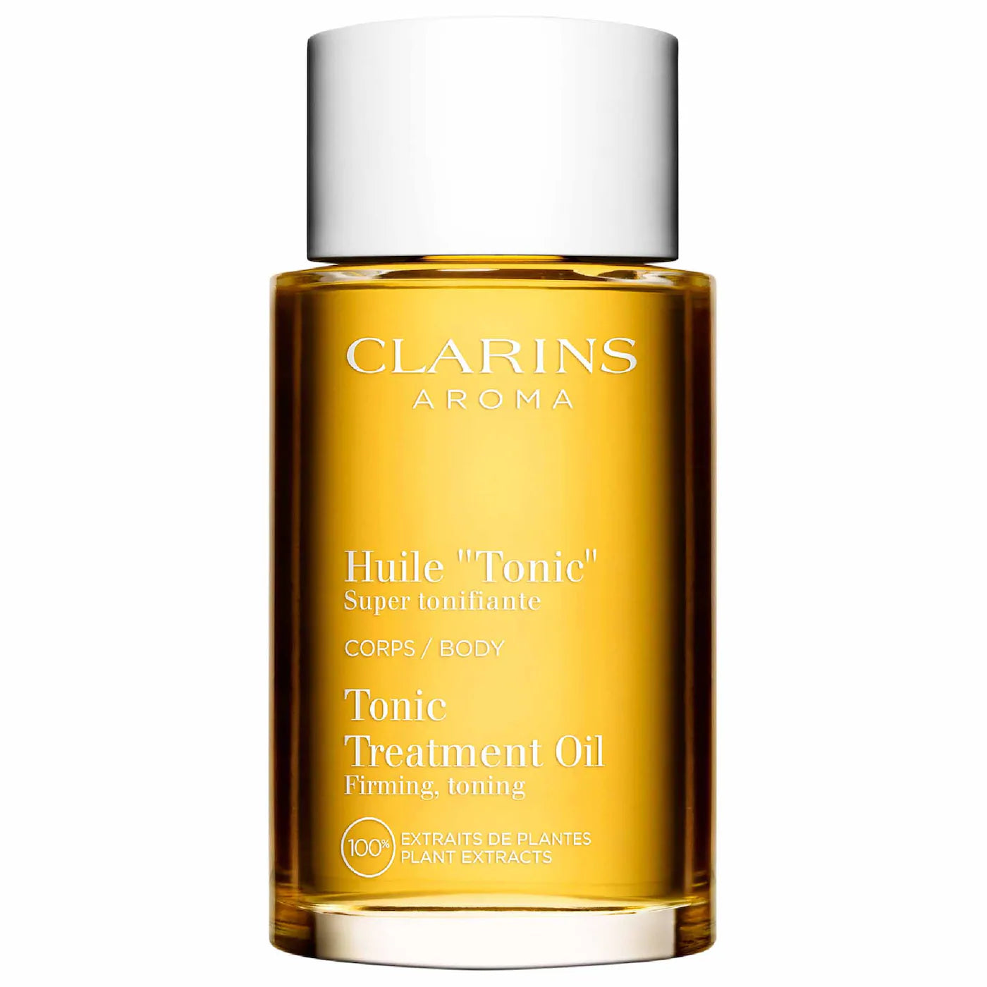 A clear glass bottle of golden amber Tonic Body-Firming Treatment Oil with white labeling.