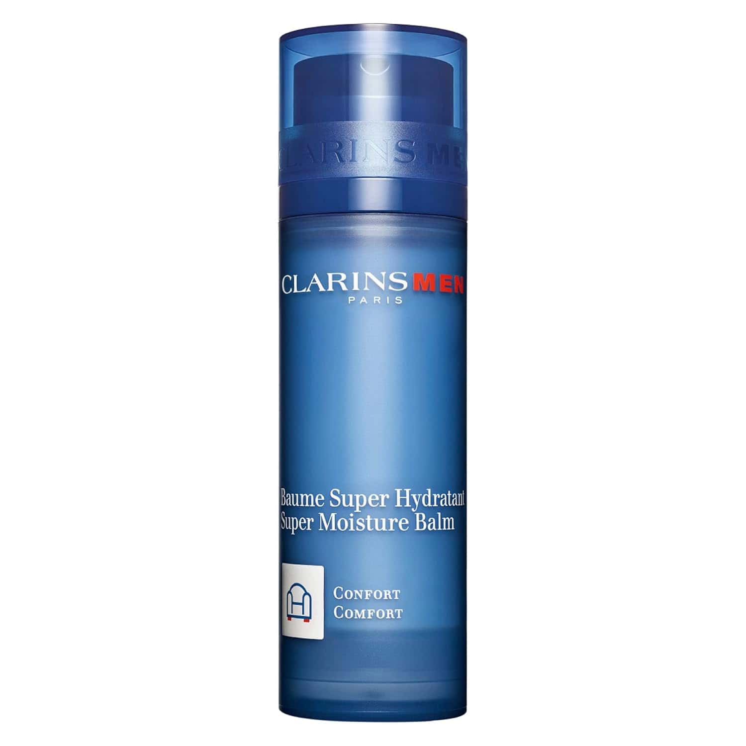 ClarinsMen Super Moisture Balm in a blue pump bottle for intensive face hydration