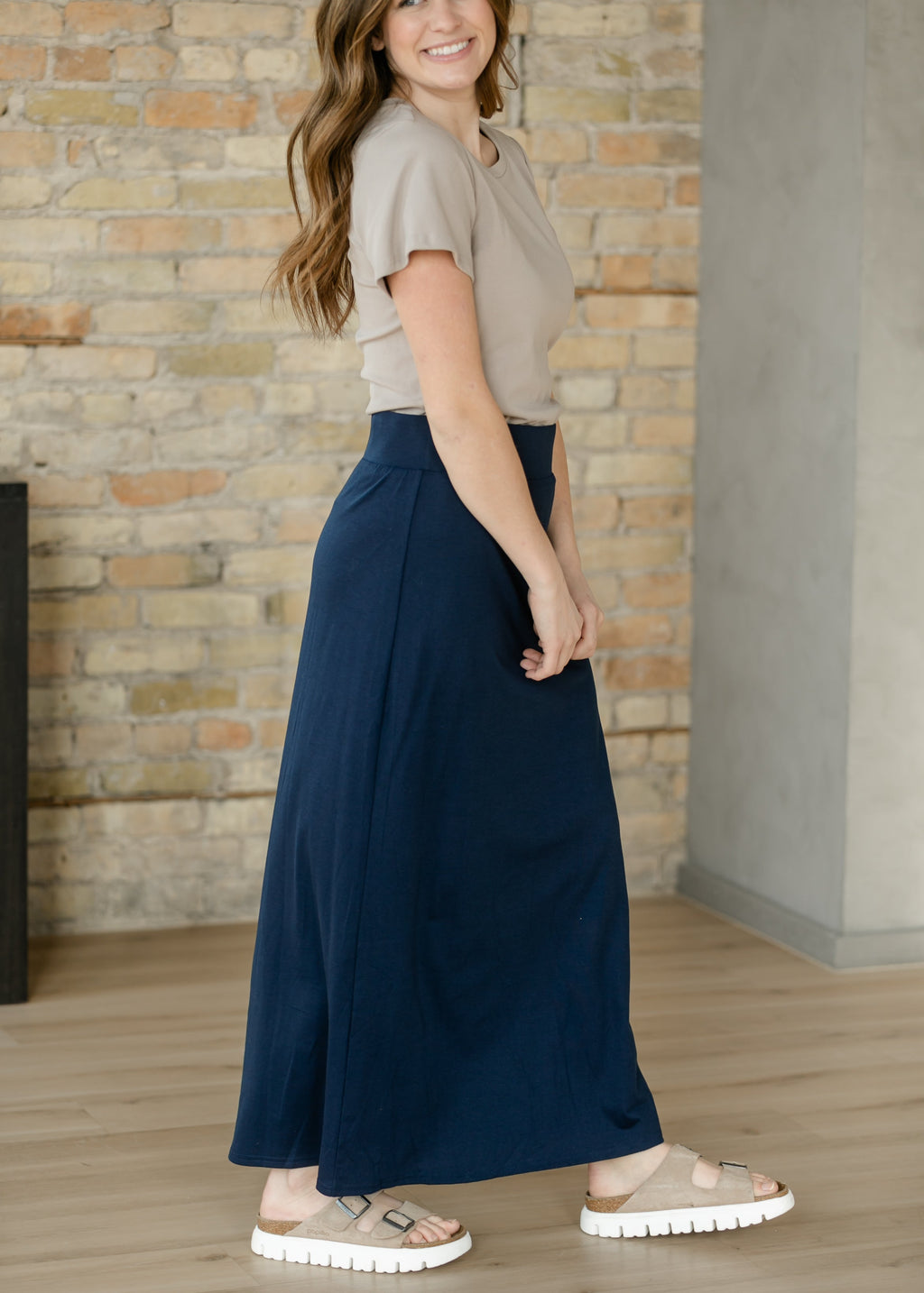 Clarise Navy Premium Knit Maxi Skirt | Stretch Waist Lined