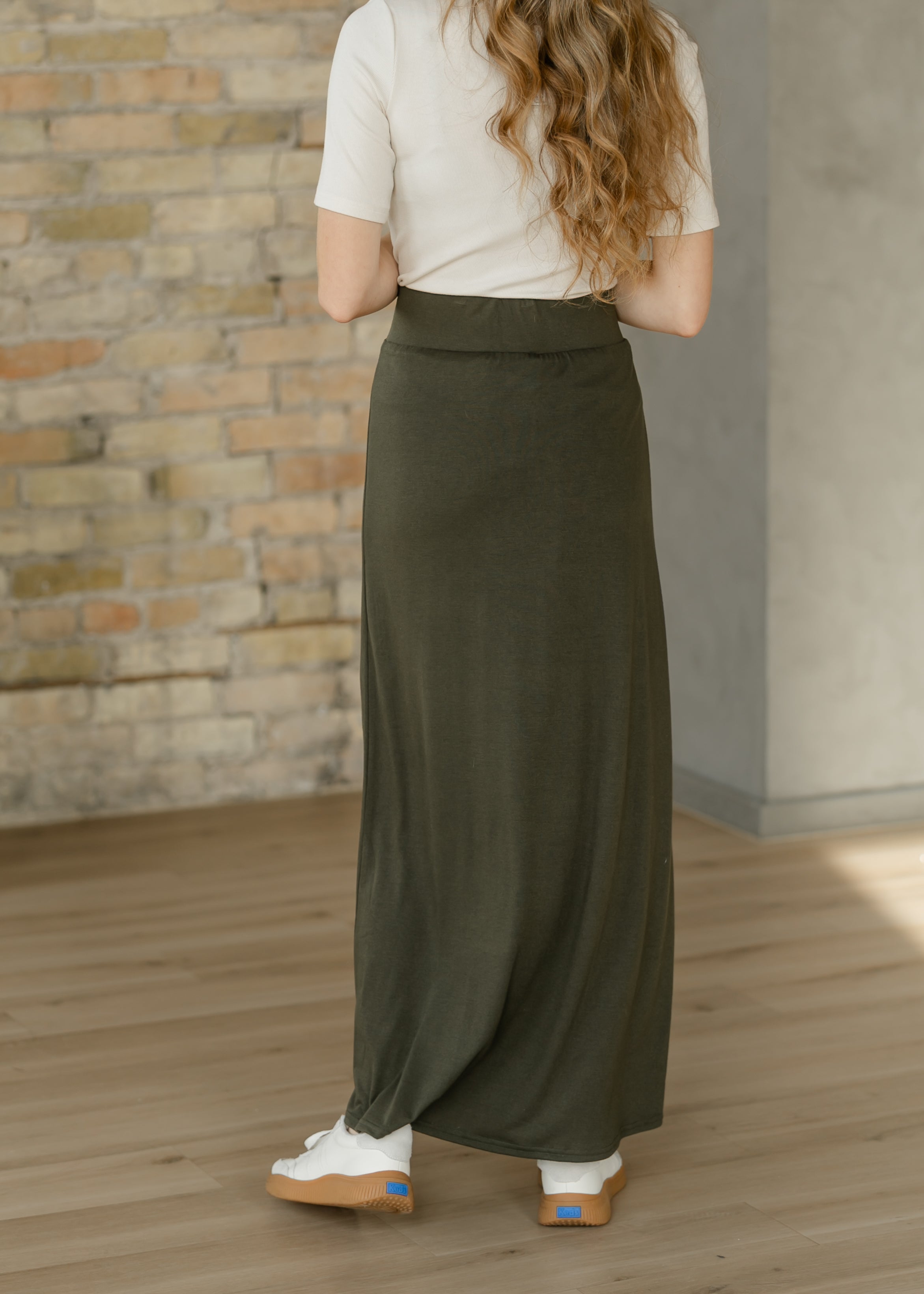 Clarise Olive Premium Knit Maxi Skirt | Modest Stretch Waist
