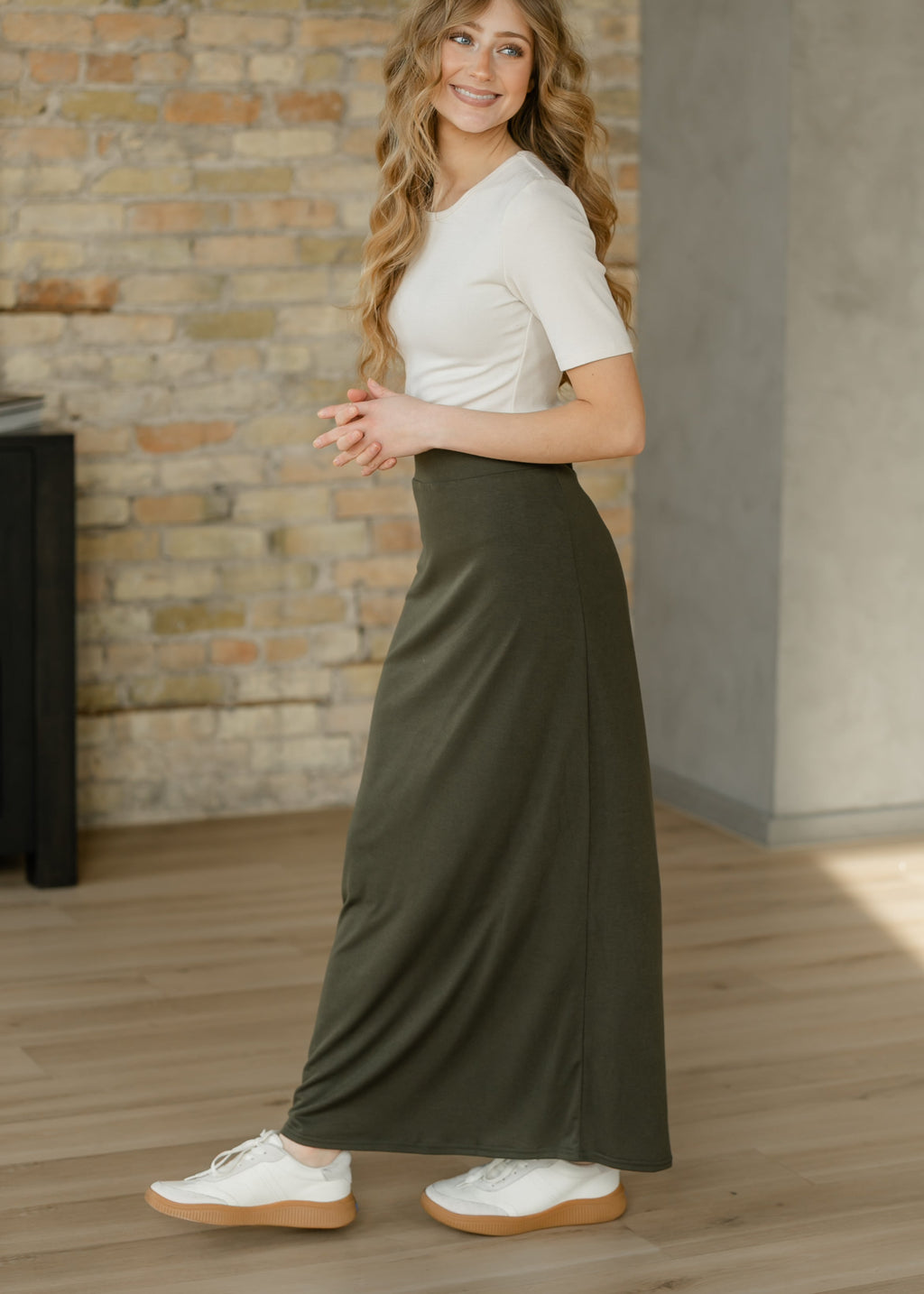 Clarise Olive Premium Knit Maxi Skirt | Modest Stretch Waist