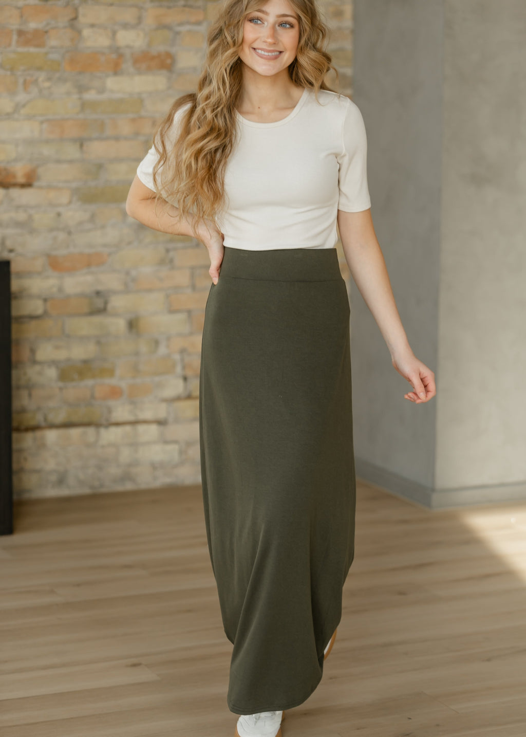 Clarise Olive Premium Knit Maxi Skirt | Modest Stretch Waist