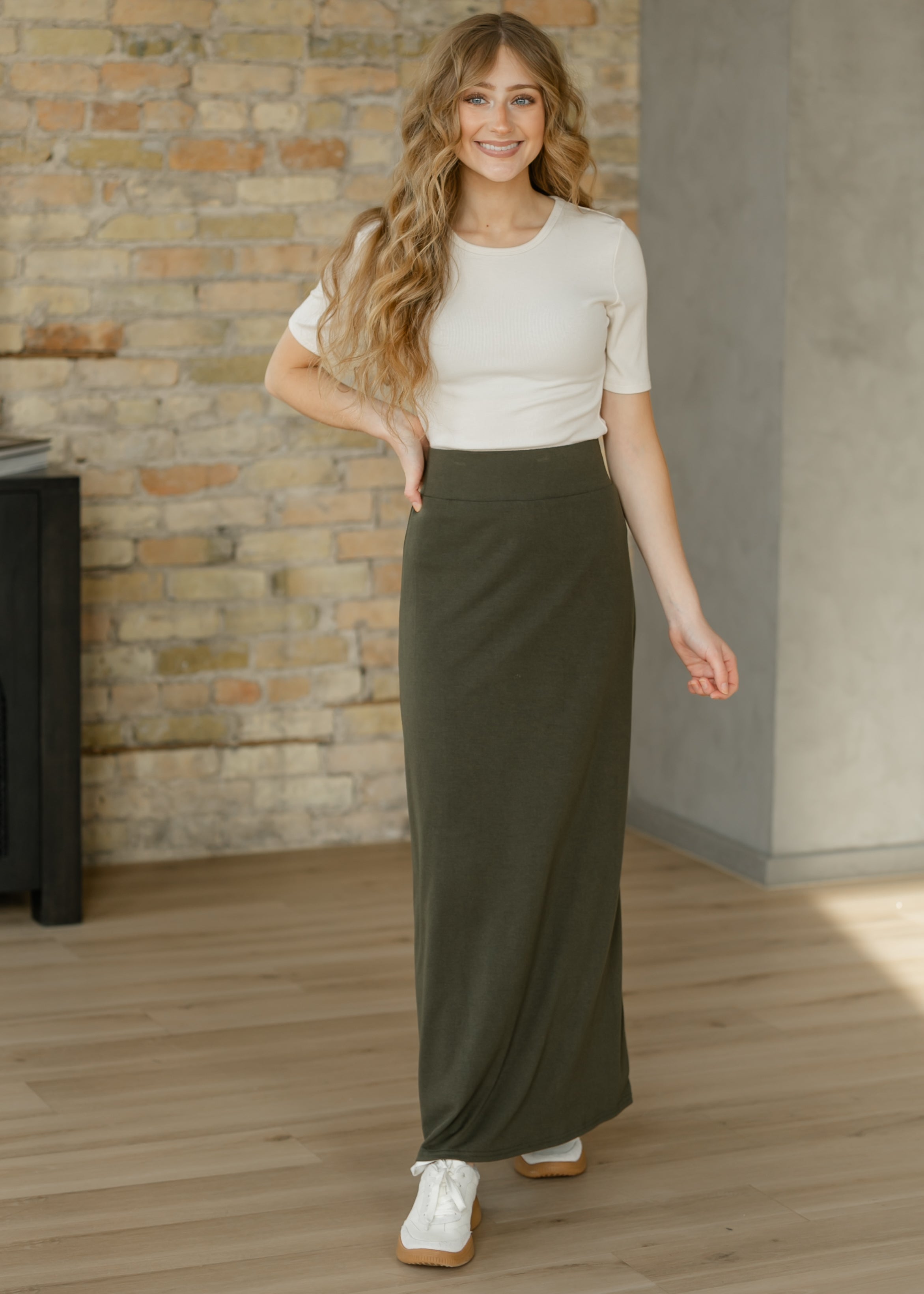 Clarise Olive Premium Knit Maxi Skirt | Modest Stretch Waist
