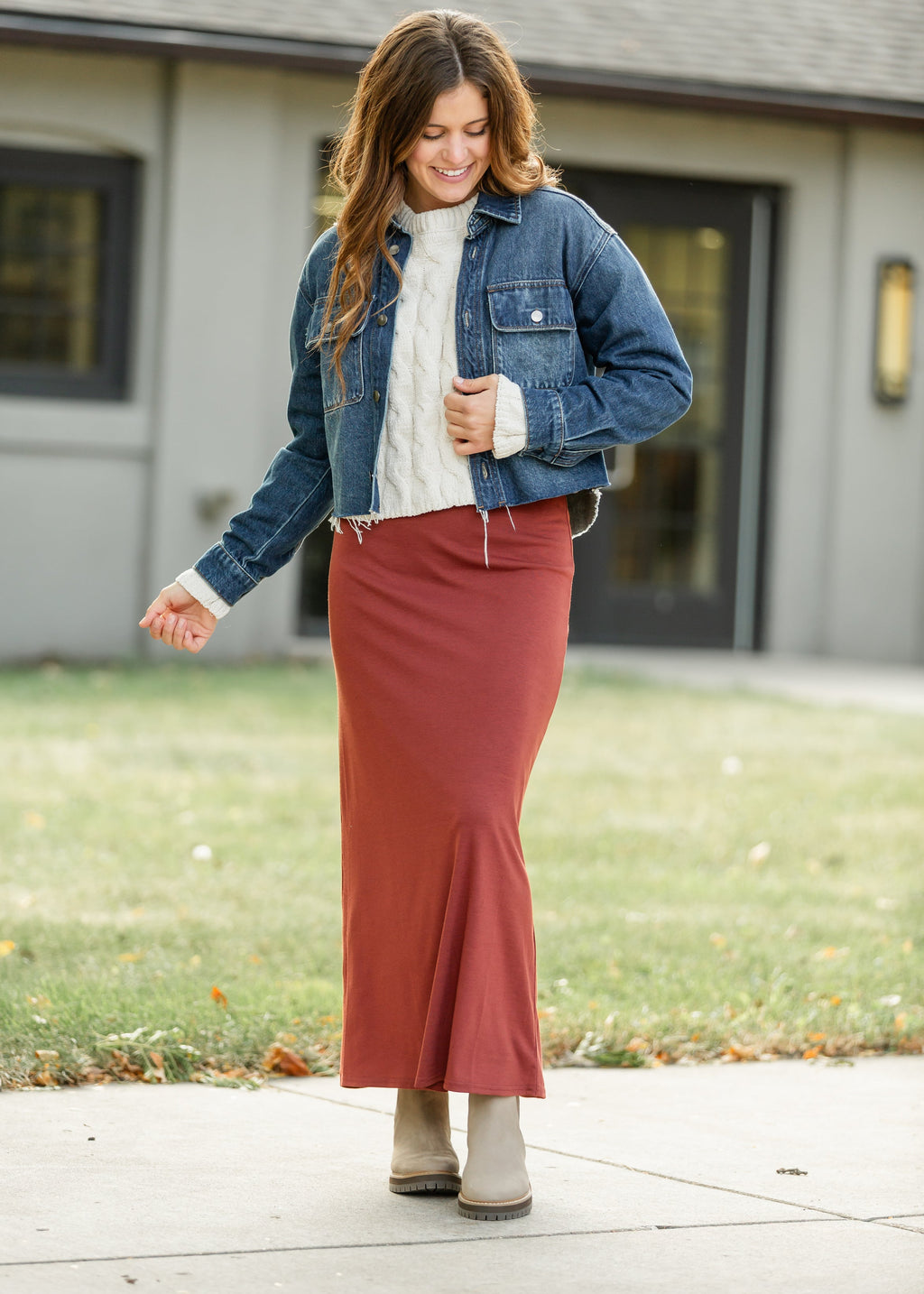 Clarise Rust Premium Knit Maxi Skirt | Modest Elastic Waist