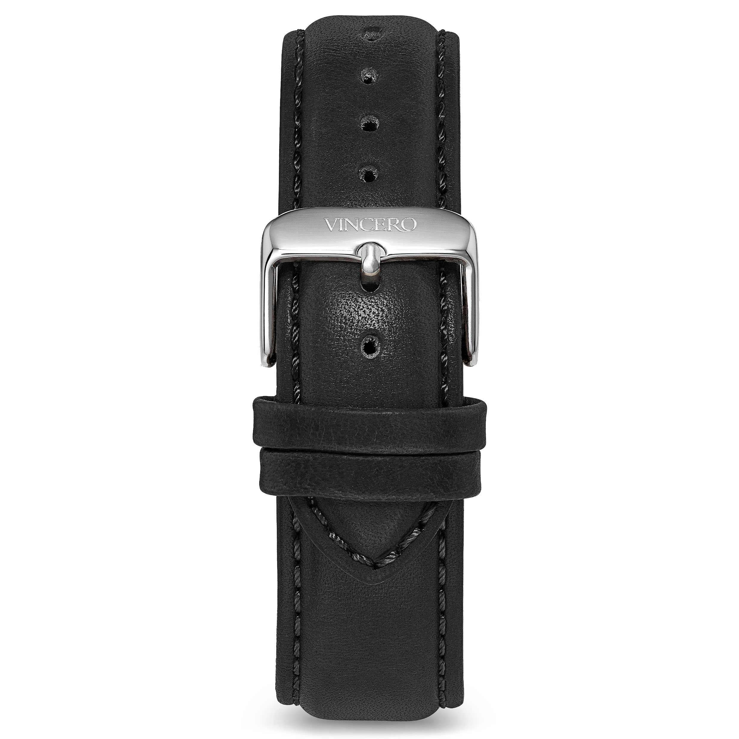 Classic 20mm black leather watch strap with quick-release mechanism