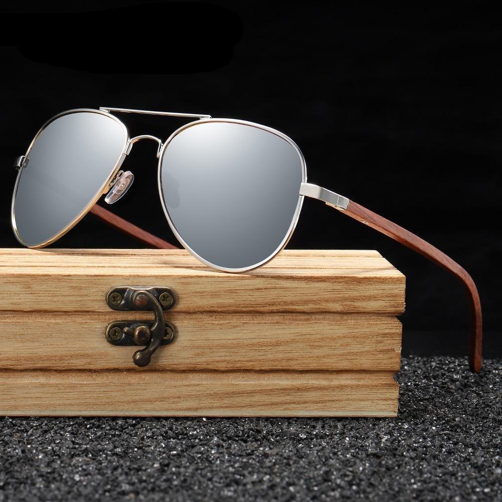 Classic pilot style sunglasses with silver metal frame and polarized lenses
