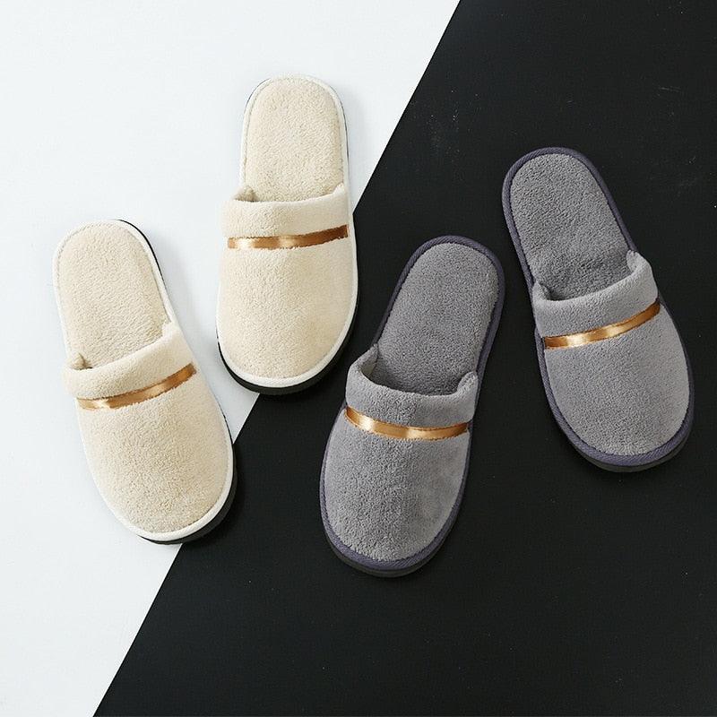 Classic plush slip-on house slippers with fur collar in beige, gray, blue, and black