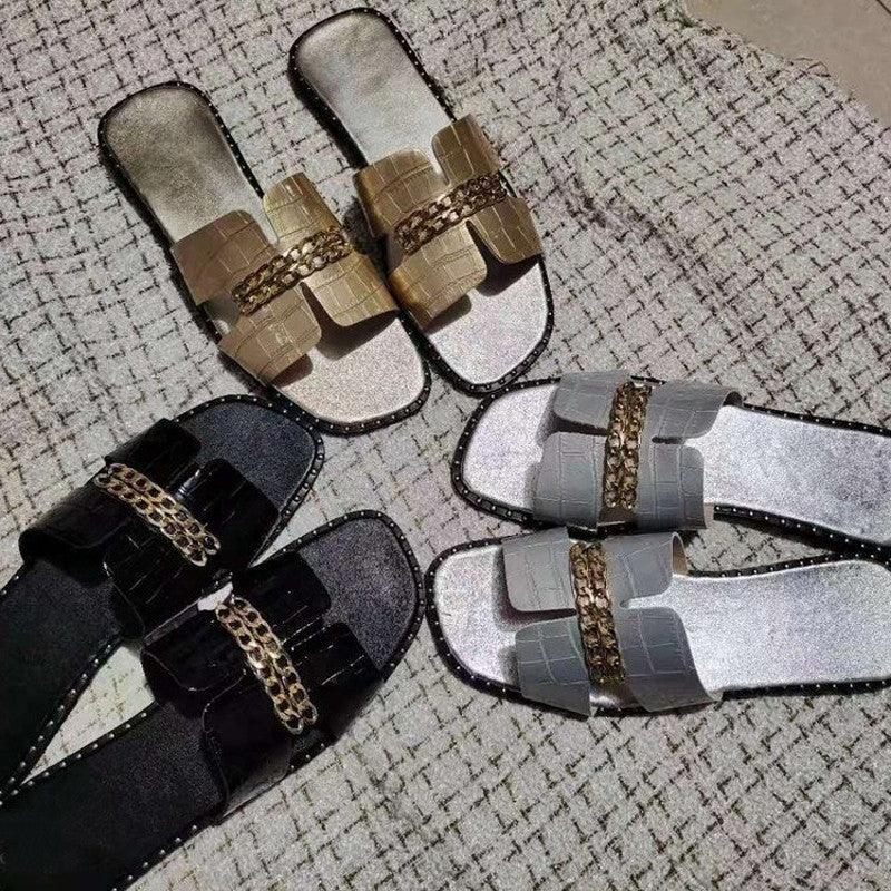 Women’s Classic Double Chain Strappy Flat Flip Flop Sandals