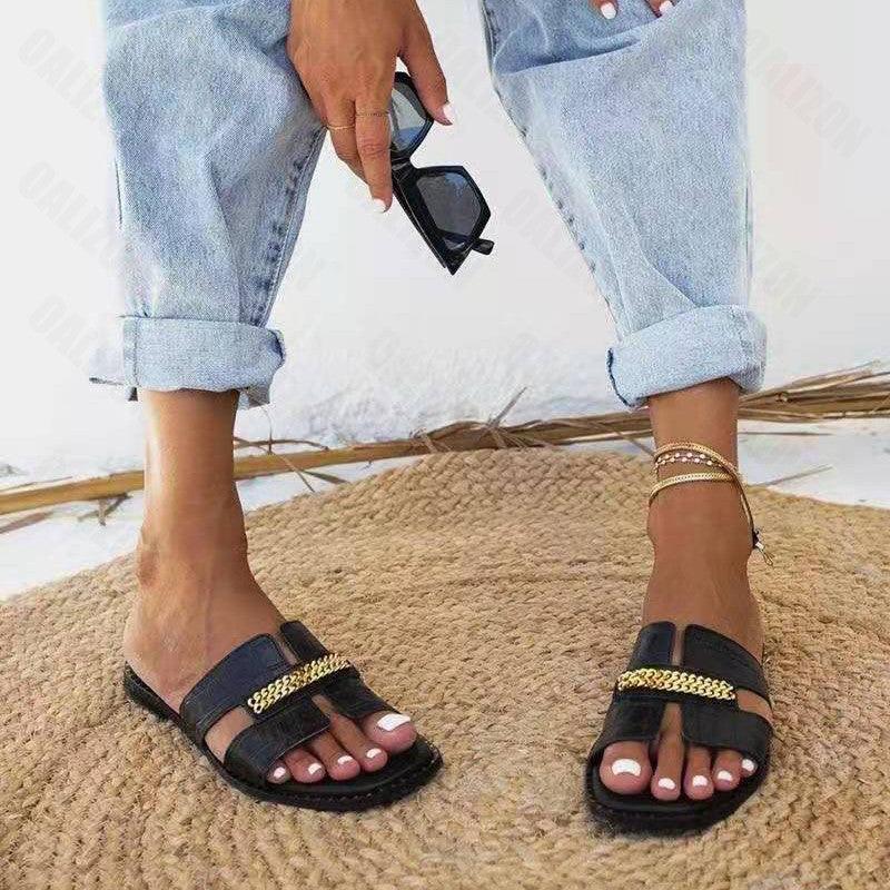 Women’s Classic Double Chain Strappy Flat Flip Flop Sandals