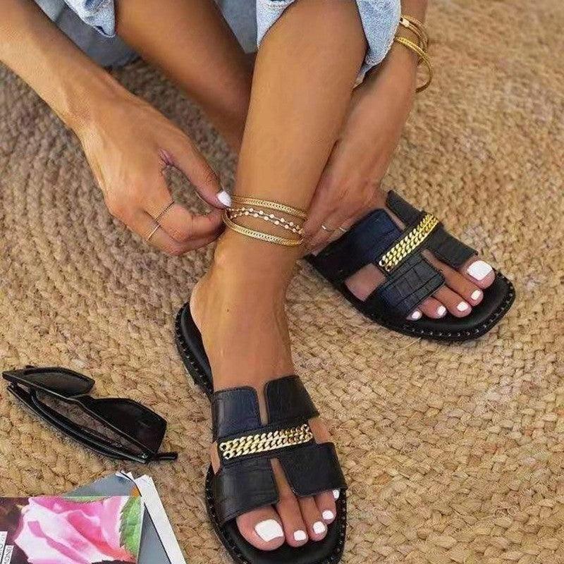 Women’s Classic Double Chain Strappy Flat Flip Flop Sandals