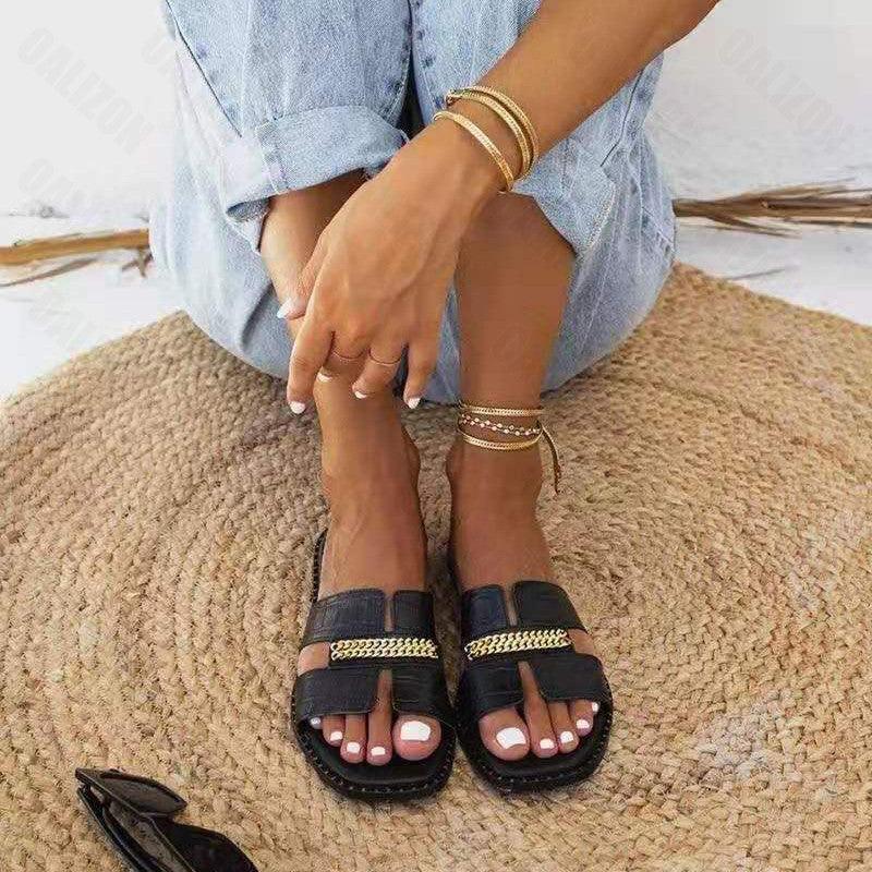 Women’s Classic Double Chain Strappy Flat Flip Flop Sandals