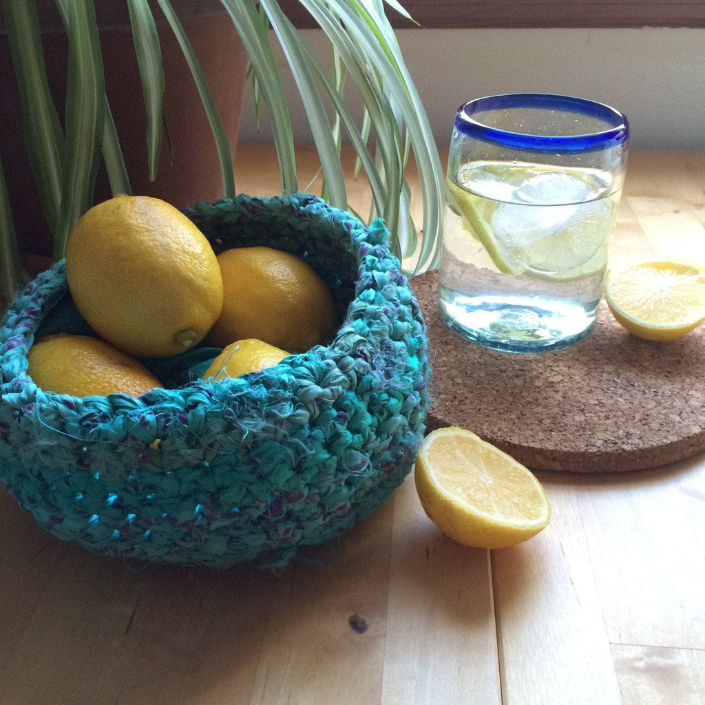 Classic Fiber Bowl handmade from ribbon yarn, displayed as home decor