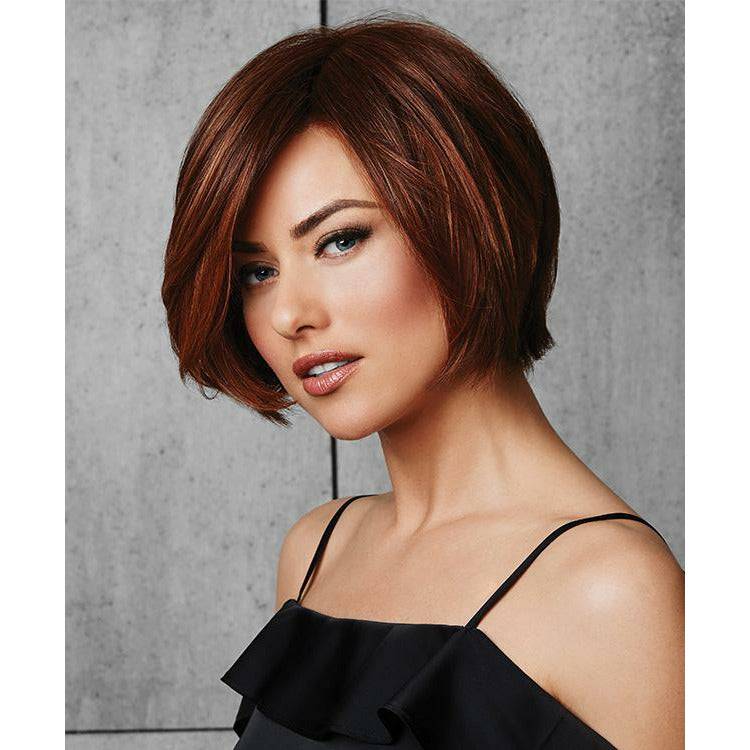 Classic Fling tapered bob wig with side-sweeping fringe in rich auburn and brown.