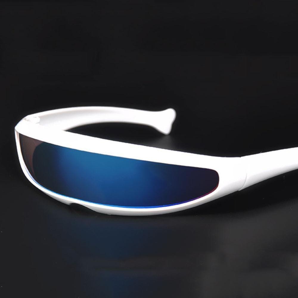 A pair of trendy narrow cyclops visor sunglasses with reflective mirrored lenses.