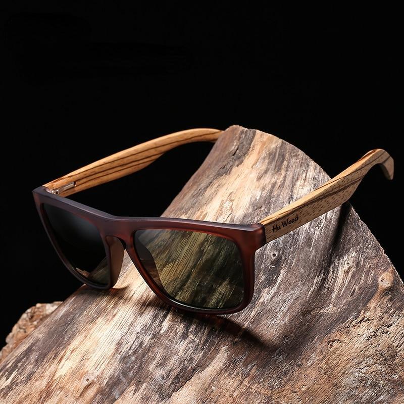 Retro-style rectangular polarized sunglasses in a natural wood-tone finish