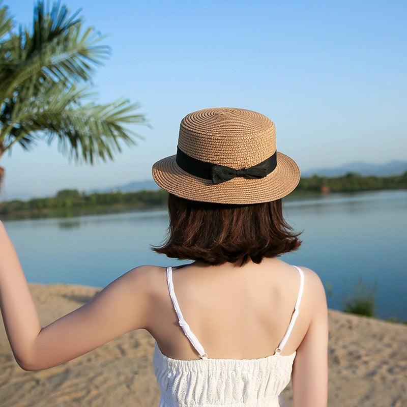 Girls Elegant Straw Beach Sun Hat with Bowknot UV Protection 56-58cm