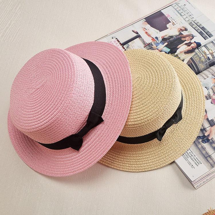 Girls Elegant Straw Beach Sun Hat with Bowknot UV Protection 56-58cm