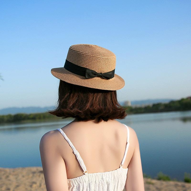 Girls Elegant Straw Beach Sun Hat with Bowknot UV Protection 56-58cm