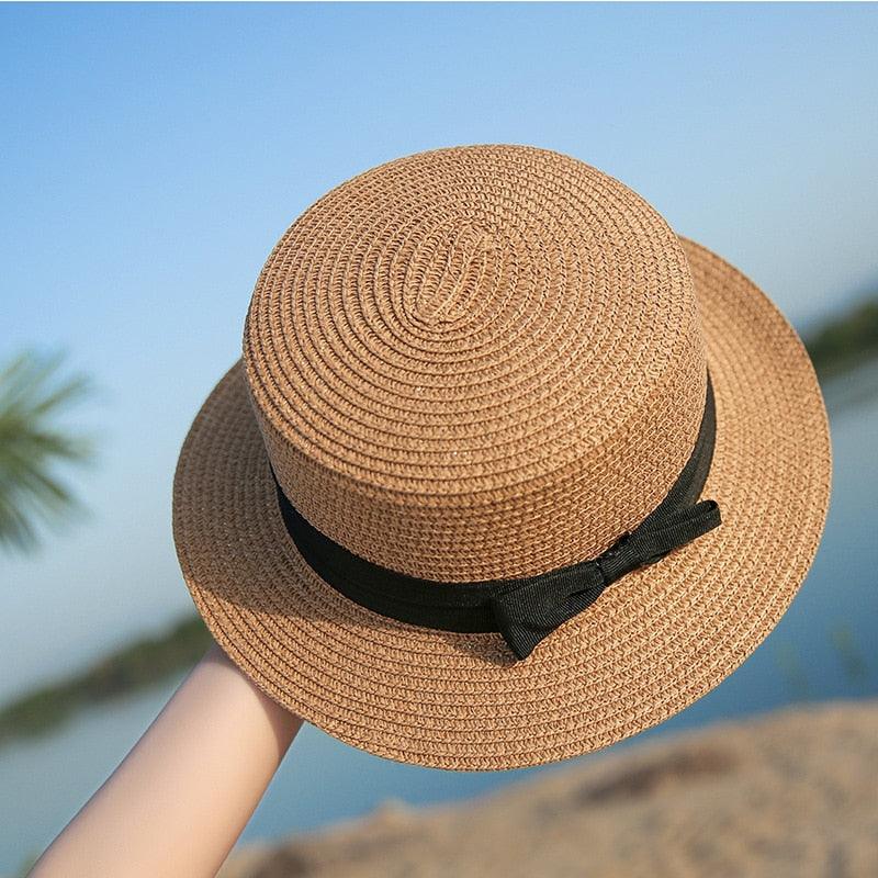 Girls Elegant Straw Beach Sun Hat with Bowknot UV Protection 56-58cm