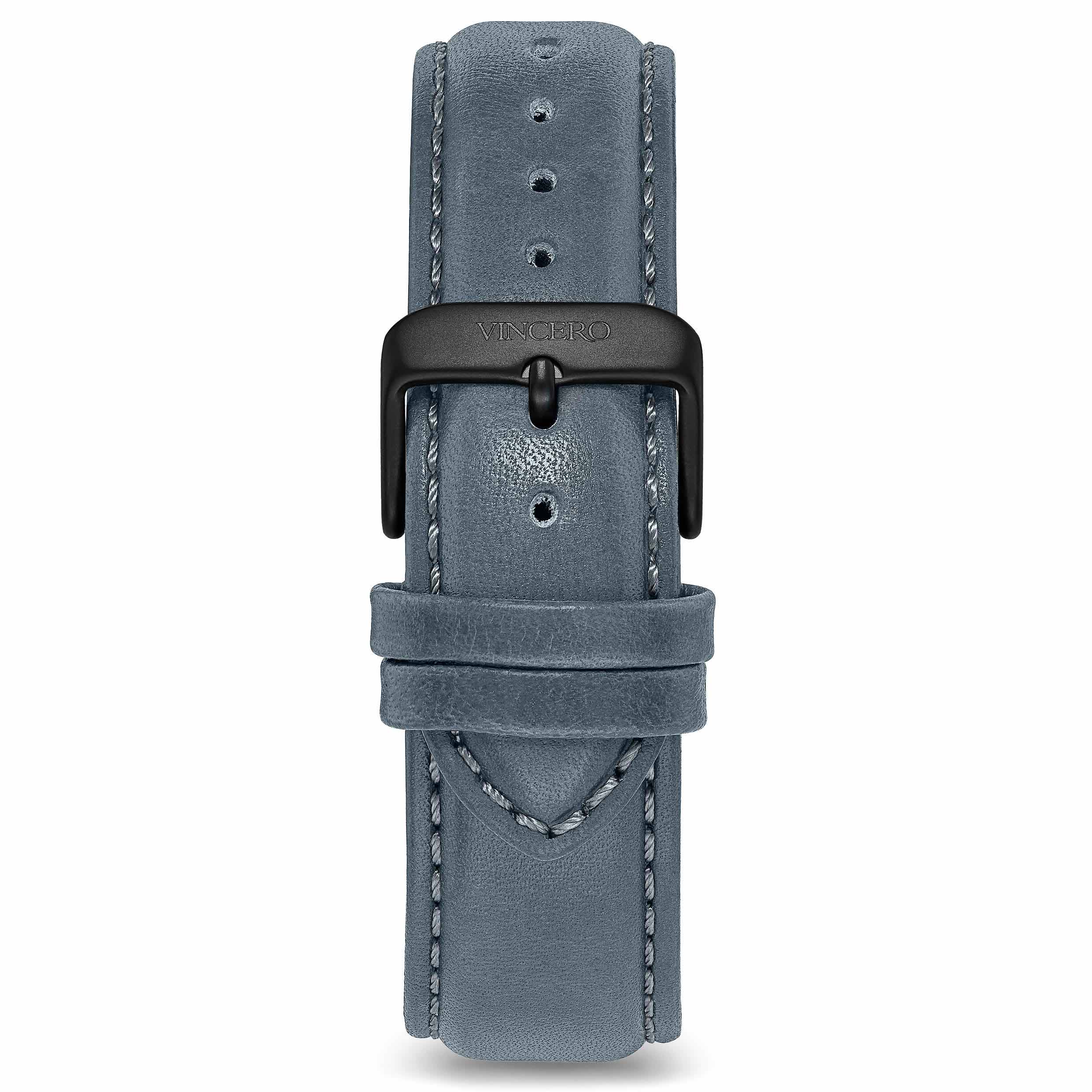 Slate Blue 22mm top-grain Italian leather watch strap with stainless steel buckle.