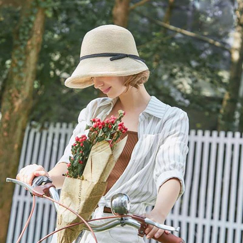 Women's Foldable Wide Brim Straw Hat Vintage Sun Hat for Travel