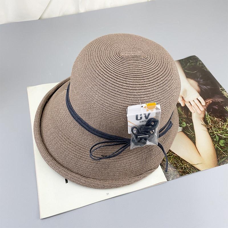 Women's Foldable Wide Brim Straw Hat Vintage Sun Hat for Travel