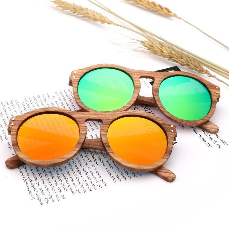 Retro Round Polarized Sunglasses Unisex Wood Style Frame