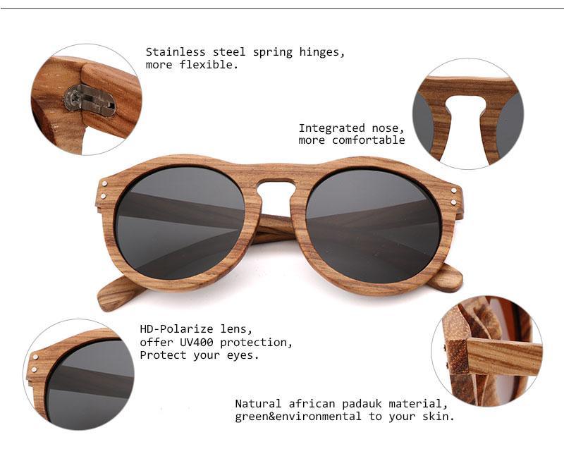 Retro Round Polarized Sunglasses Unisex Wood Style Frame