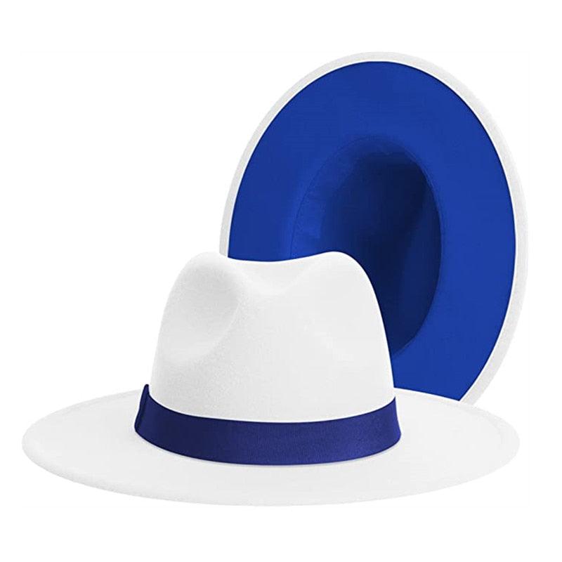 Unisex classic wide brim fedora hat with belt, available in white and blue, suitable for formal and cowboy styles.