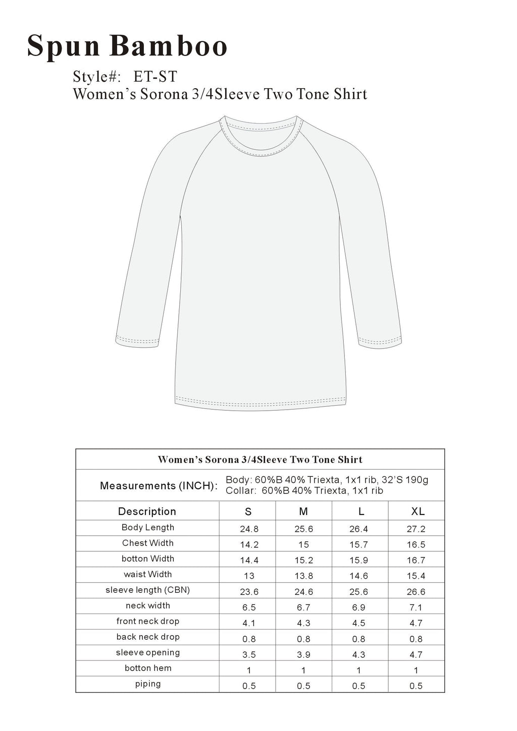 Women's Bamboo Viscose 3/4 Sleeve Baseball Tee