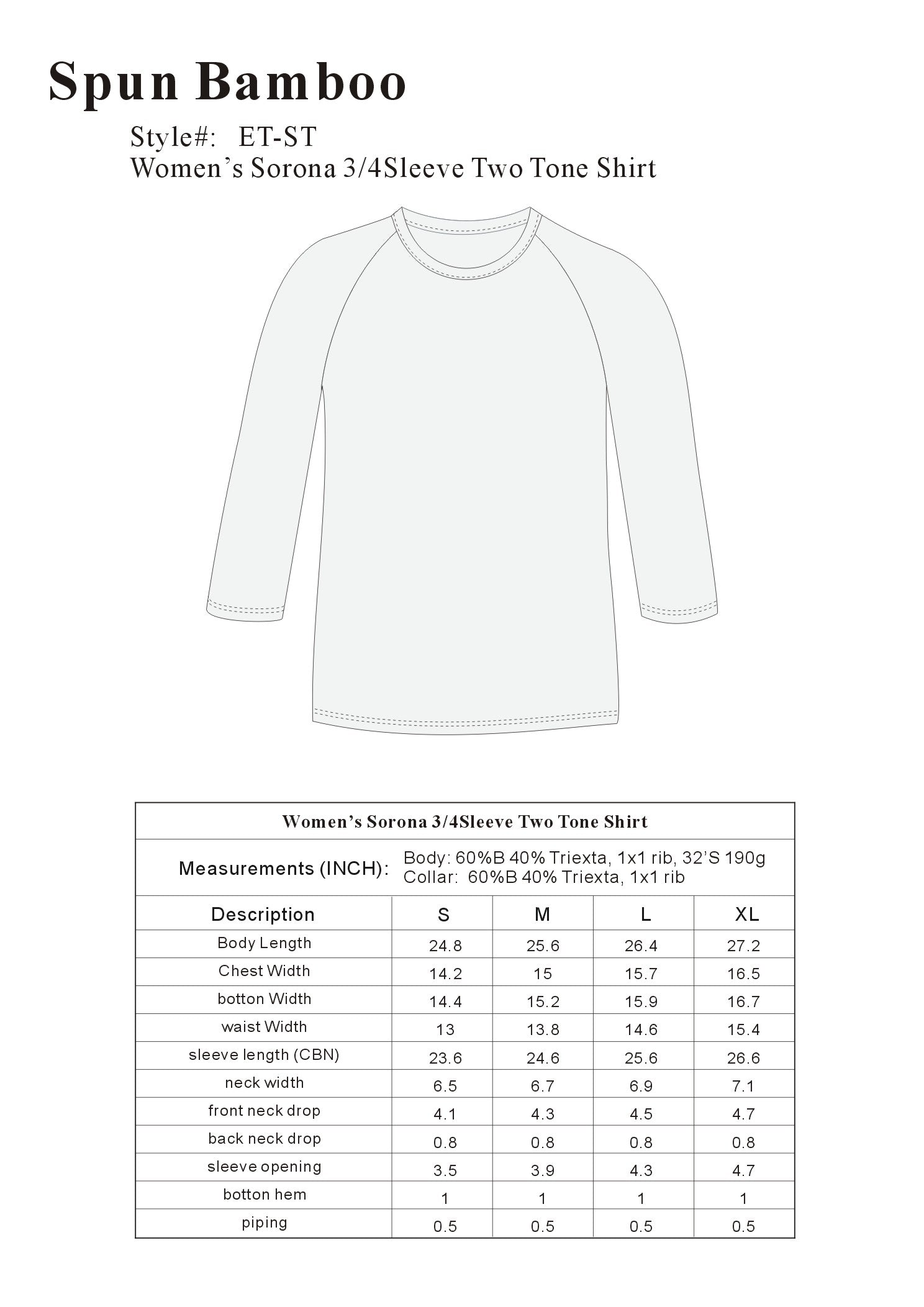 Women's Bamboo Viscose 3/4 Sleeve Baseball Tee