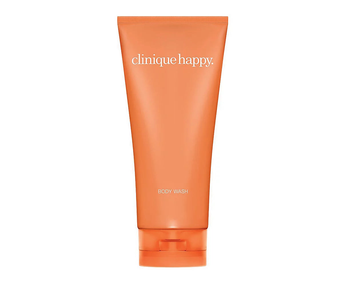 Orange bottle of Clinique Happy Body Wash gel cleanser.