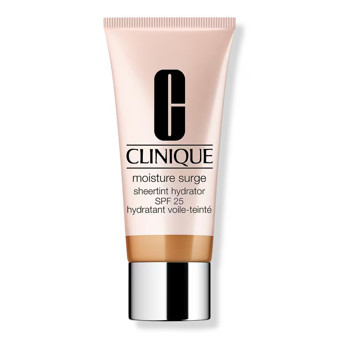 Clinique Moisture Surge Sheertint Hydrator SPF 25 in Medium shade, housed in a pale pink tube with bronze accents.