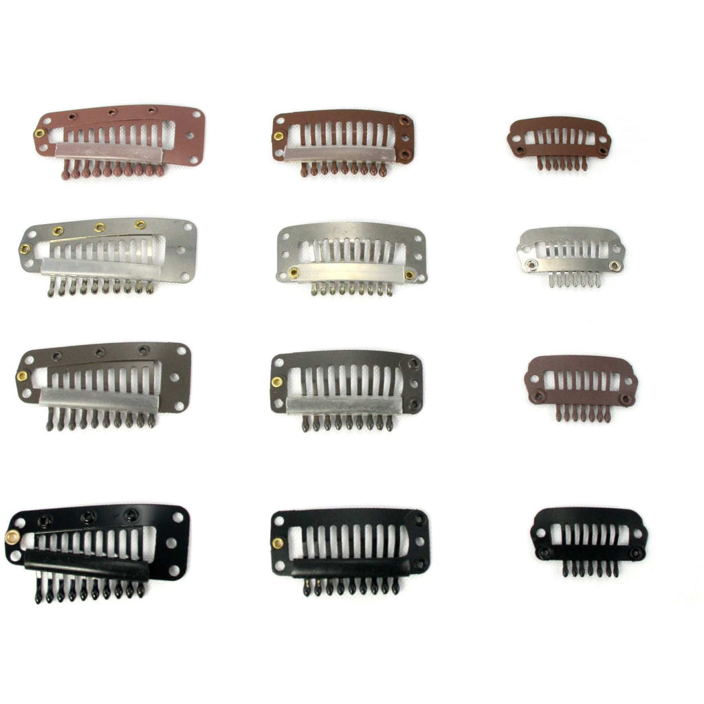 Close up of small minimalist hair extension clips in black, brown, silver, and beige