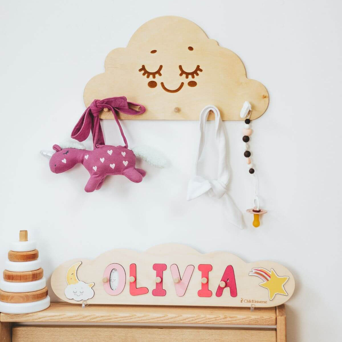 Cloud Nursery Wall Hanger in Natural Wood and White