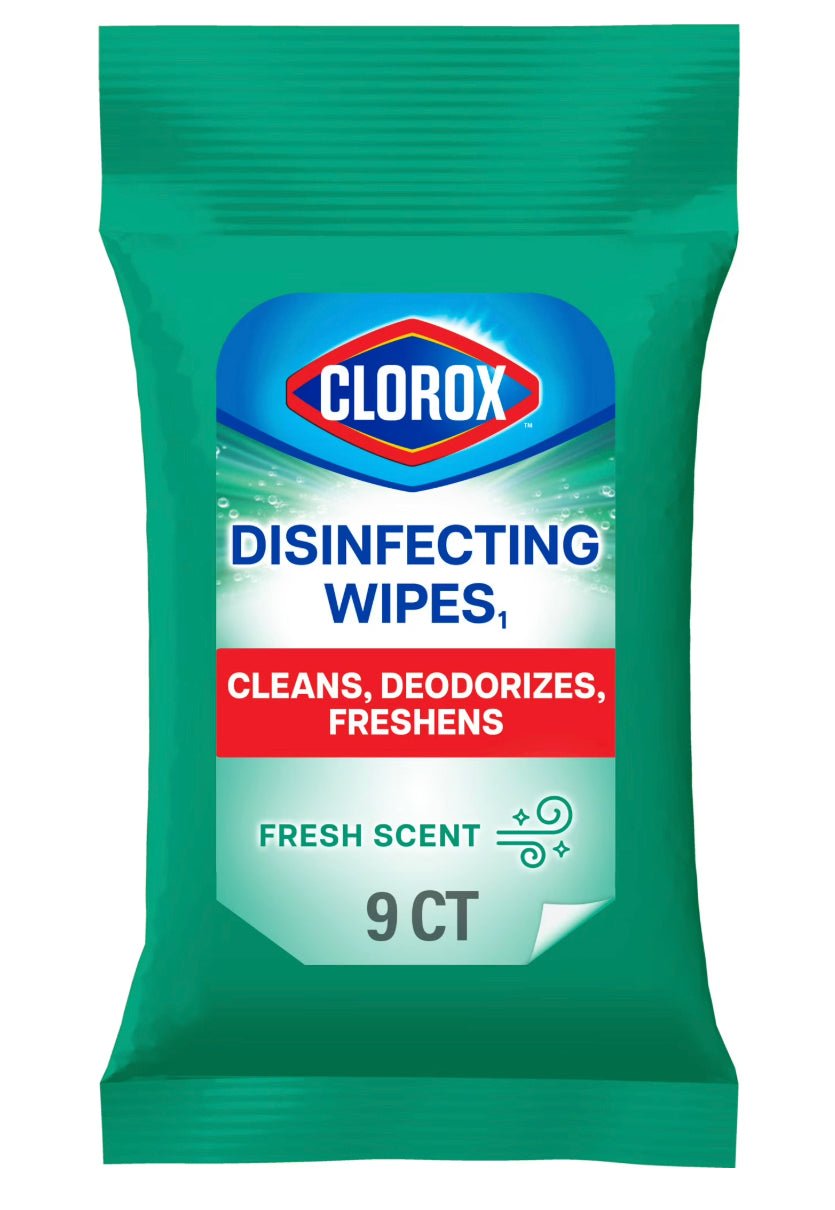 9-count pack of Clorox On-the-Go disinfecting wipes in bright green, blue, and white packaging.