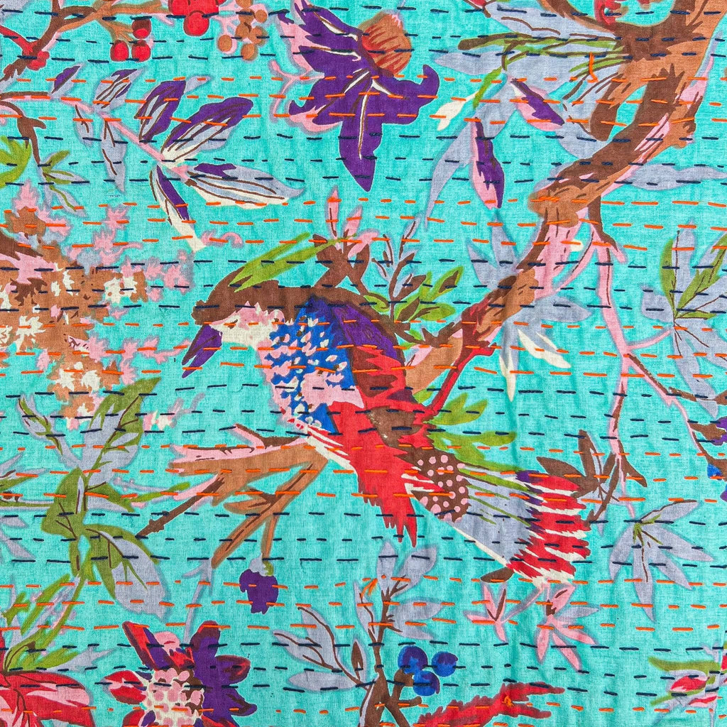 Handmade Bohemian Kantha Throw Blanket, Vibrant Floral Cotton
