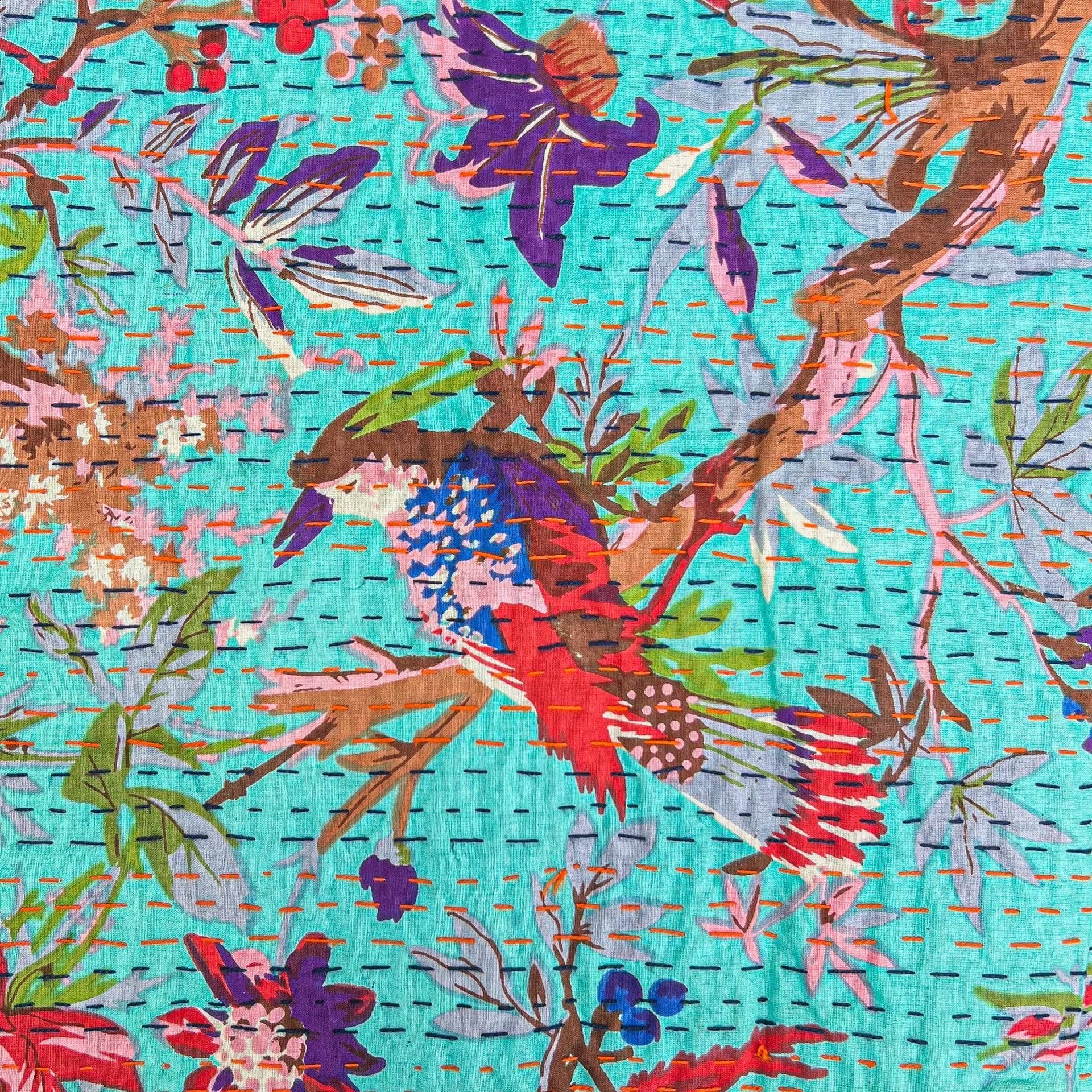 Handmade Bohemian Kantha Throw Blanket, Vibrant Floral Cotton