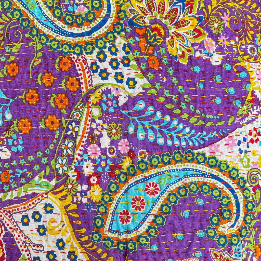 Handmade Bohemian Kantha Throw Blanket, Vibrant Floral Cotton