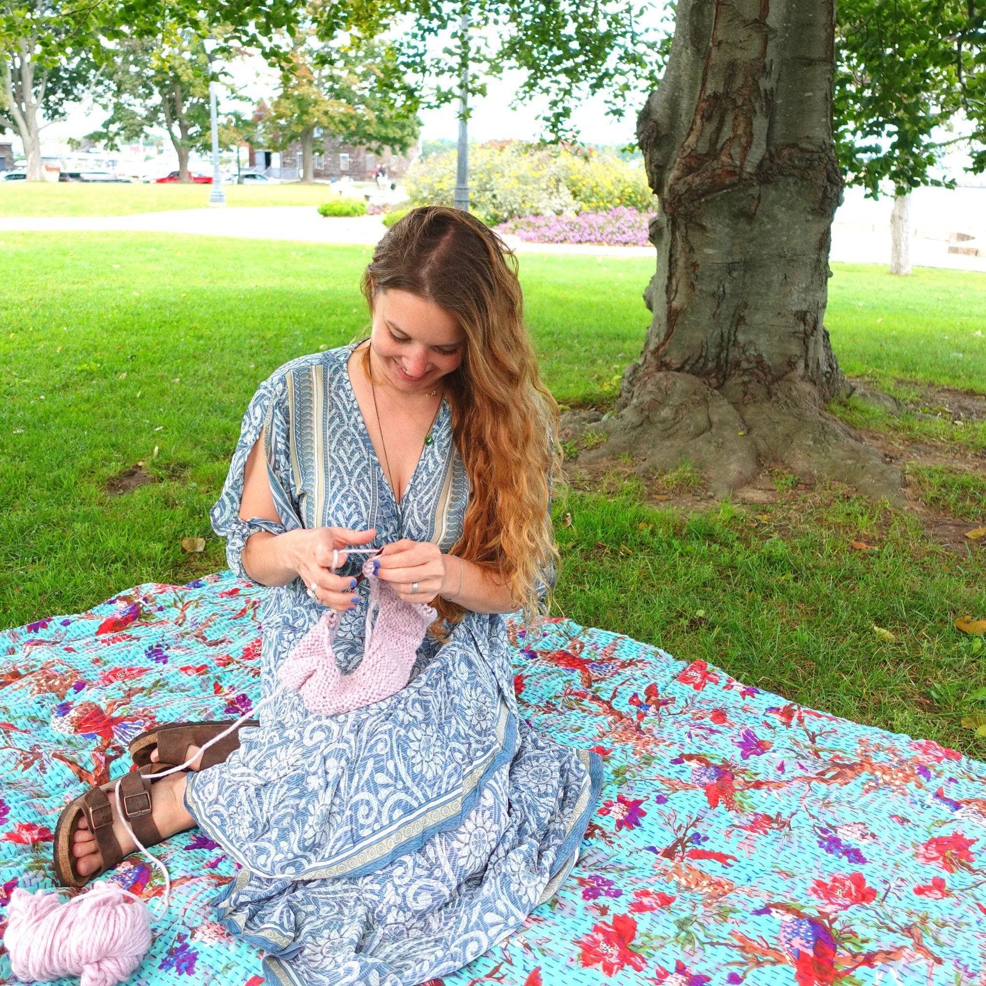 Handmade Bohemian Kantha Throw Blanket, Vibrant Floral Cotton