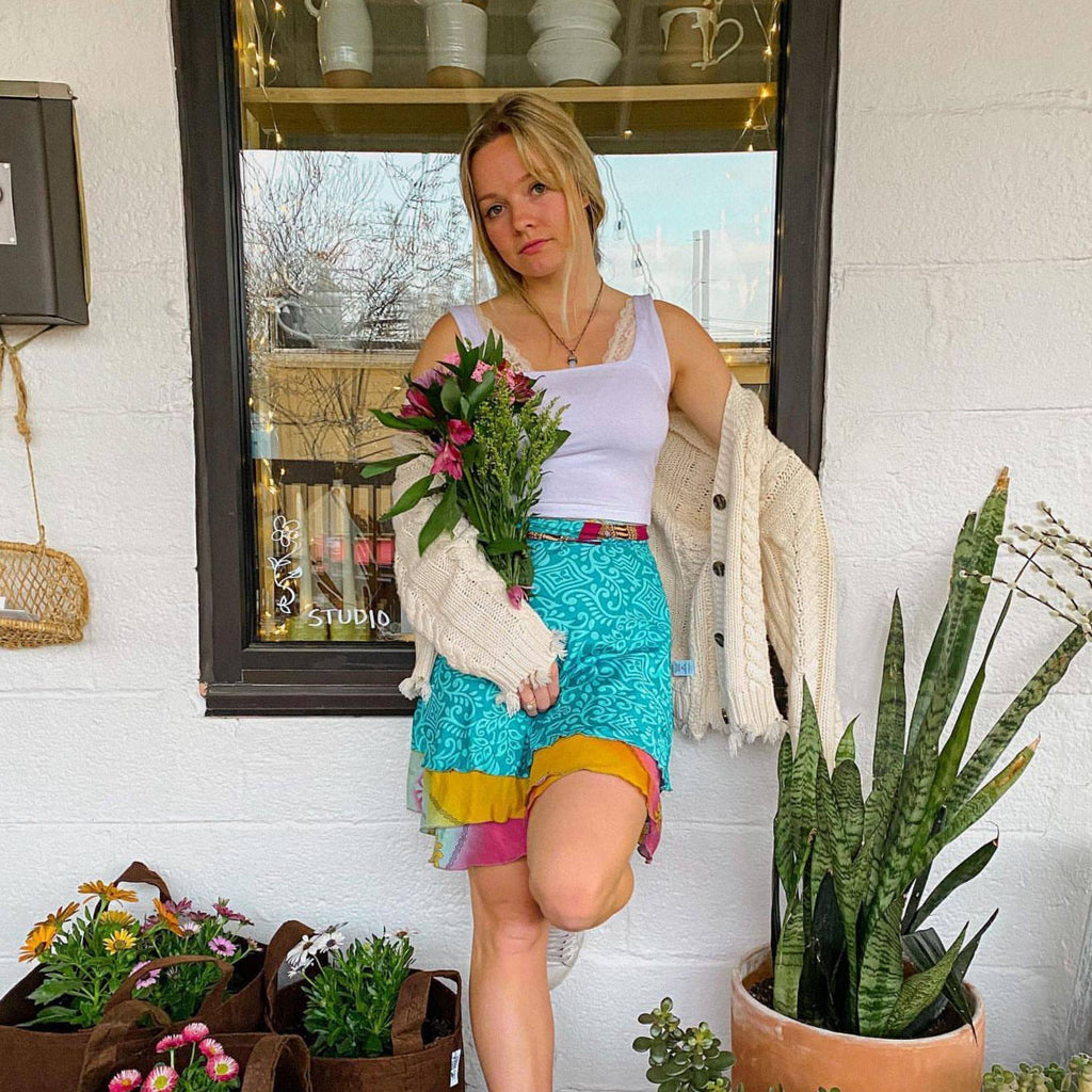 Mini Sari Wrap Skirt - Reclaimed Fabric Adjustable Knee-Length