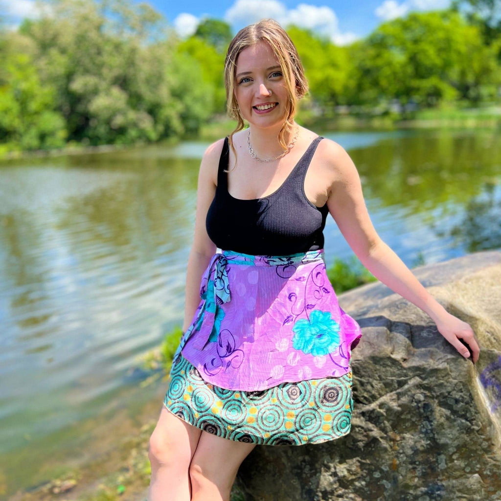 Mini Sari Wrap Skirt - Reclaimed Fabric Adjustable Knee-Length
