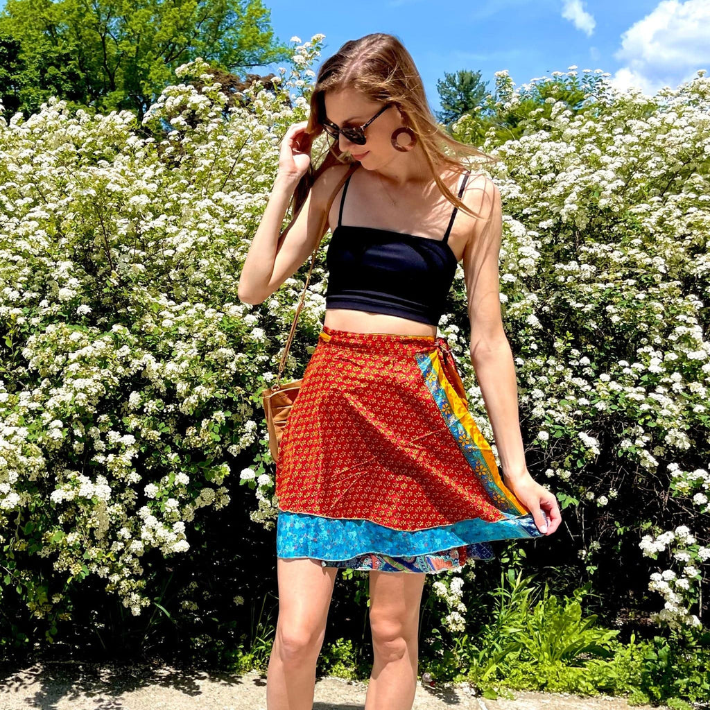 Mini Sari Wrap Skirt - Reclaimed Fabric Adjustable Knee-Length