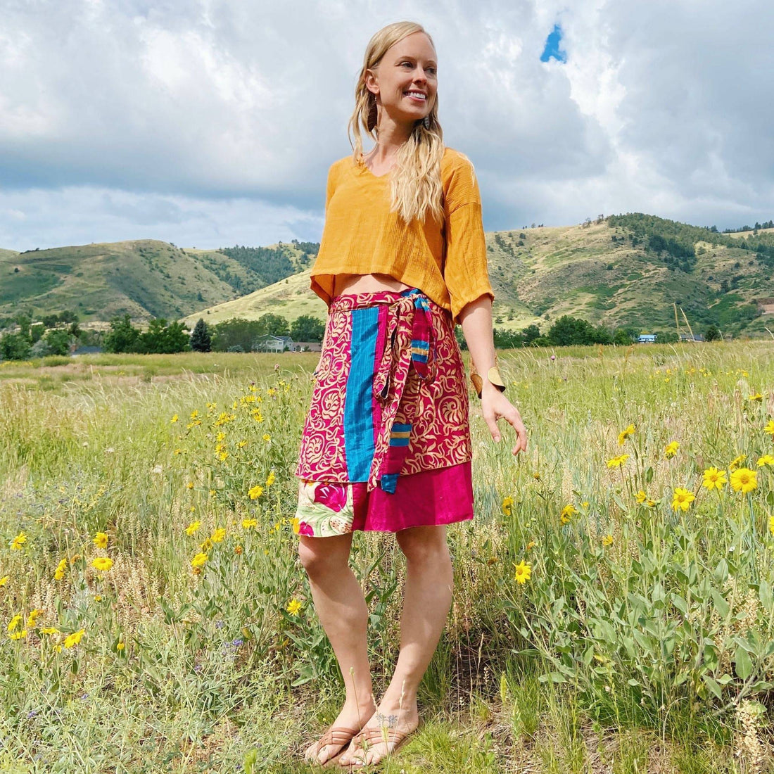 Mini Sari Wrap Skirt - Reclaimed Fabric Adjustable Knee-Length