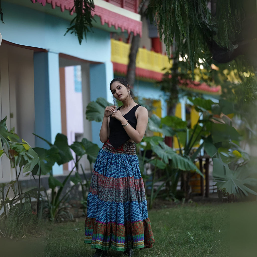 Woodstock Dreams Fiesta Sunset Skirt - Recycled Sari Boho Maxi