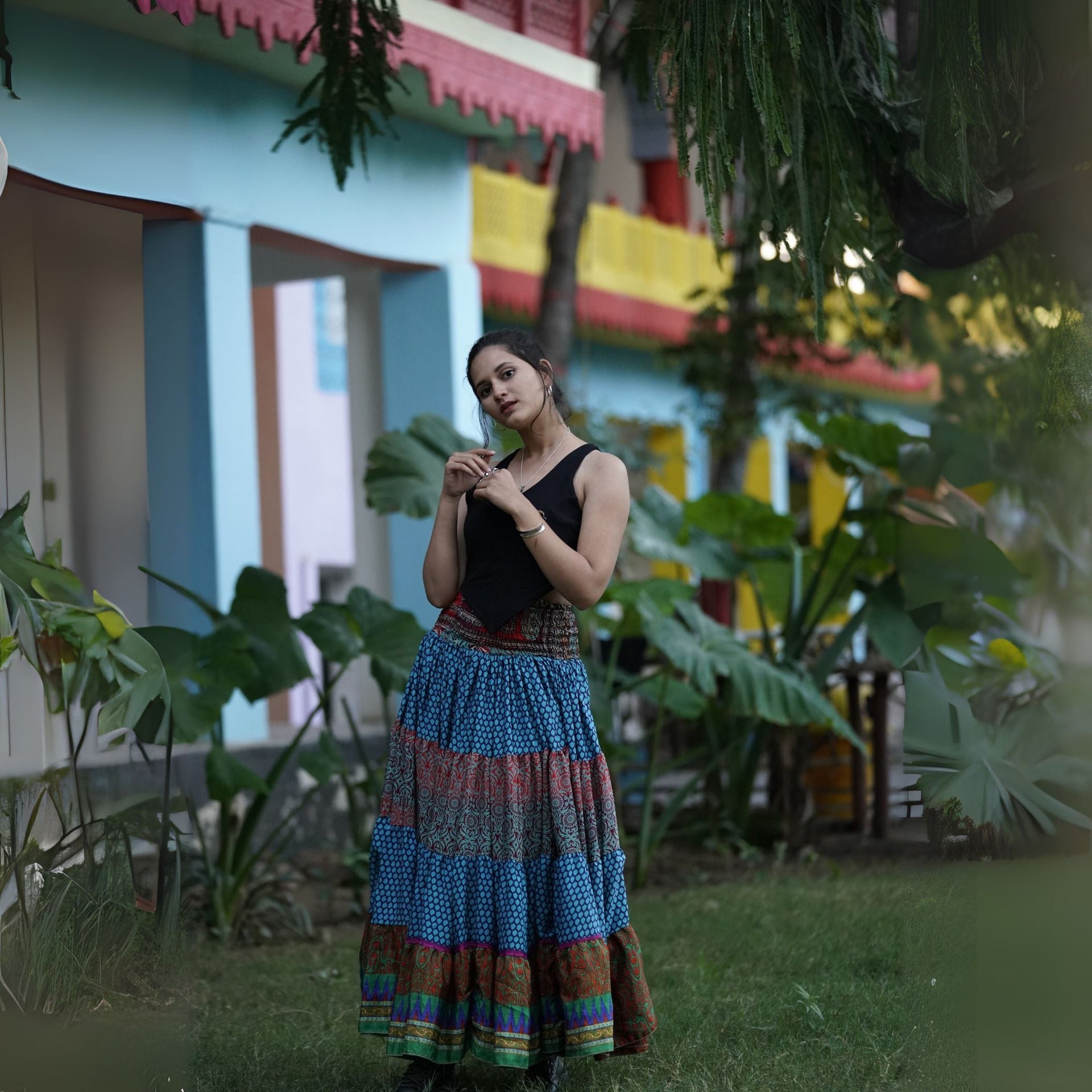 Woodstock Dreams Fiesta Sunset Skirt - Recycled Sari Boho Maxi