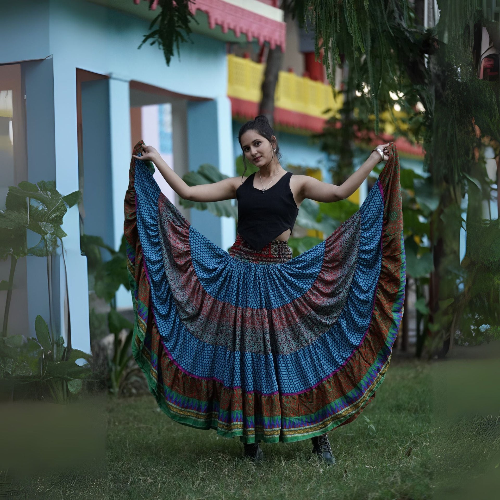 Woodstock Dreams Fiesta Sunset Skirt - Recycled Sari Boho Maxi